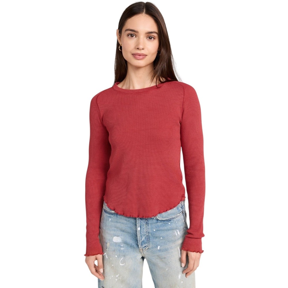 We The Free People Thermal‎ Waffle Knit Top Red Lettuce Edge Boho Gorpcore XS